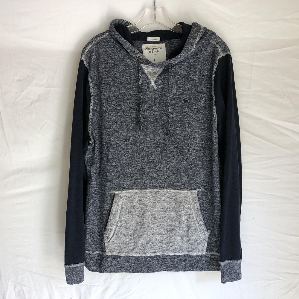 Abercrombie & Fitch Hoodie Mens Large Blue Gray Muscle Knit Pullover Logo